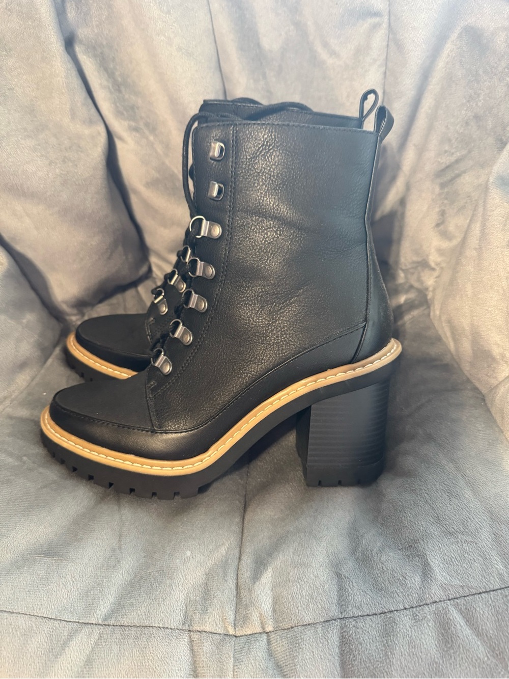 a new day Black Lace-Up Chunky Heel Ankle Boots with Tan Welt